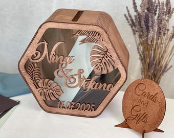Wood card box for wedding, card box with slot, wedding keepsake box, personalized card box, container for wishes, boho wedding post box