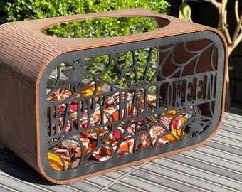 Wooden trick or treat box, halloween candy box, spooky boxes for candy, kids halloween sweets holder, gift box for candy, halloween gift box