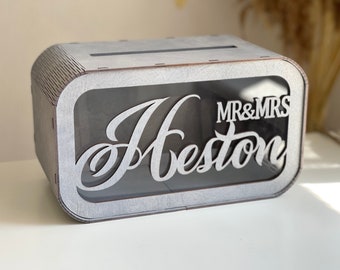 Wedding personalized card box, wooden money box, custom wood envelope box, card box with slot, bridal box for wishes, post box for cards