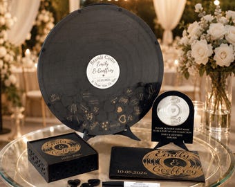 Libro degli ospiti alternativo per matrimoni, disco in legno, ricordo musicale, decorazione con cuori, cassetta di legno personalizzata