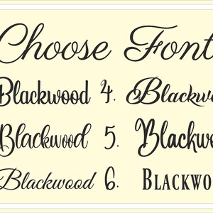 May include: Choose a font for your design. Six different styles of the word "Blackwood" are shown, including cursive, script, and all caps.