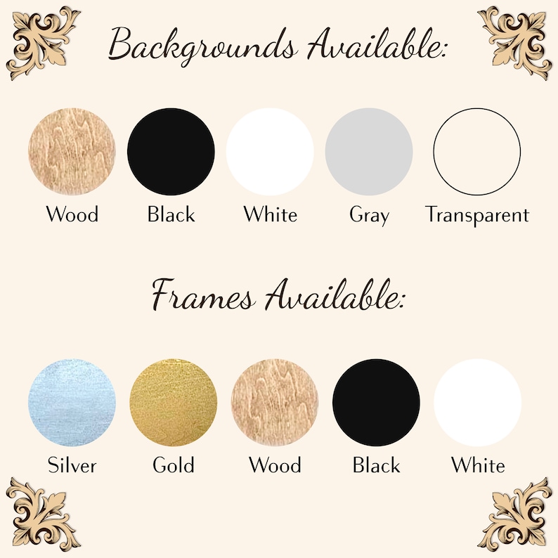 May include: A graphic showing different background and frame options for a product. The background options are wood, black, white, gray, and transparent. The frame options are silver, gold, wood, black, and white.