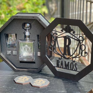Engraved whiskey set, decanter and glasses, personalized whiskey, custom whiskey glass, personalized whiskey stones set, customized decanter