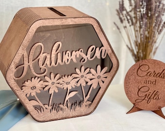 Wooden personalized cardbox, wedding post box, container for wishes, card box with slot, card box for wedding, custom wooden money box