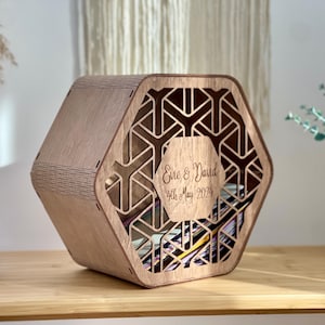 Scatola portacarte esagonale Boho, scatola per biglietti da matrimonio, scatola per matrimonio personalizzata, scatola per biglietti da matrimonio, decorazioni rustiche per matrimonio, scatola portacarte in legno per fidanzamento
