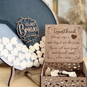Libro degli ospiti in stile boho, cartello a forma di cerchio, cornice a forma di scatola, cuori in legno boho, scatola a forma di scatola alternativa, cornice per libro degli ospiti, libro alternativo