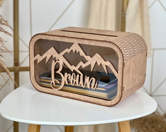 Personalized Wood and Acrylic Card Box for Your Special Occasion, Card Box with Slot for Envelopes, Mountain Gift and Cards Box, Wooden Box