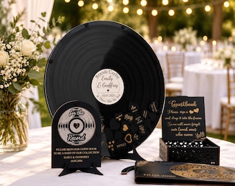 Libro degli ospiti alternativo per matrimoni con disco in vinile, ricordo musicale in legno, decorazione a forma di cuori