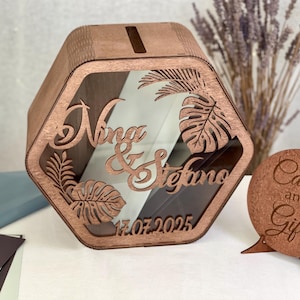 Wedding wooden card box, hexagon card box with slot, container for wishes, bridal shower box, custom wedding card holder, card and gifts box