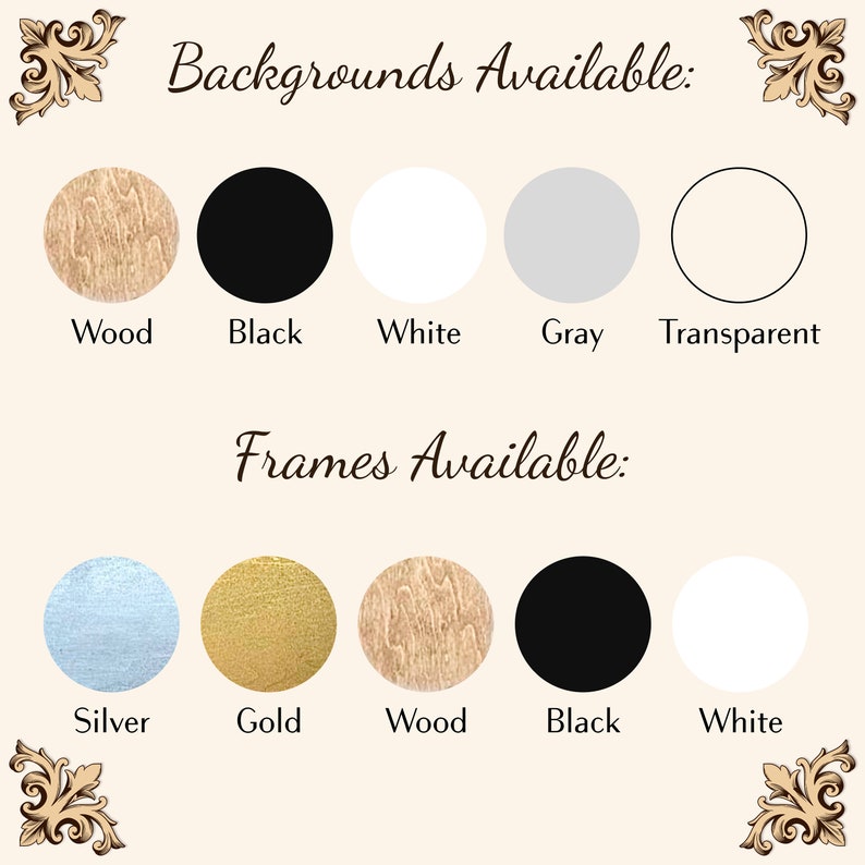 May include: A visual guide showing different background and frame options for a product. The background options include wood, black, white, gray, and transparent. The frame options include silver, gold, wood, black, and white.