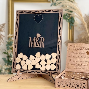 Libro degli ospiti con cornice a forma di scatola, scatola a forma di scatola alternativa, scatola a forma di cuore in legno, libro degli ospiti con cornice boho, scatola a forma di scatola in legno, libro con cornice per matrimonio
