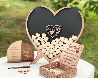 Buzón de boda con forma de corazón, libro de visitas de boda, buzón alternativo, libro de visitas bohemio, buzón con ranura, libro de visitas con forma de corazón de madera, libro alternativo