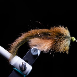 May include: A close-up of a fishing fly with a brown and olive body, a tan underbelly, and a green bead head. The fly is secured in a white fly-tying vise against a black background.