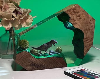 Jurassic T-Rex Resin Wood Night Light, Dinosaur Lamp, Unique Gift for Kids and Dino Lovers , Handmade Collectible Gift, Christmas gift
