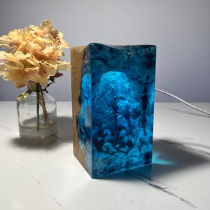 May include: A blue resin lamp with a wood base. The resin has a swirling pattern and is illuminated from within.