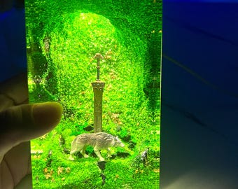 ER Royal Greatsword and Guardian Wolf Resin Wood Night Light, Gifts Husband, Christmas Gift for Game Fans