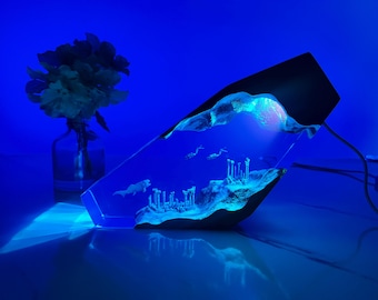 Lost Atlantis Ocean Night Light – Diver & Dunkleosteus Resin Wood