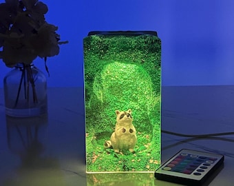 Handmade Raccoon Resin Night Light – Woodland Animal Lamp, Christmas Gift for Family