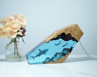 Great White Shark and Diver Resin Wood Night Light, Bedroom Lamp, Ocean Lover Birthday Gift, Christmas Gift for Ocean Lovers