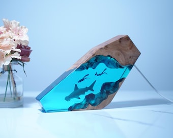 Hammerhead Shark Diver Resin Wood Night Light, Desktop Ornaments, Christmas Gift for Ocean Lovers