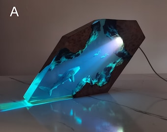 Imperfecto - Gran tiburón buzo doble / ballena jorobada doble buzo resina madera luz de noche, regalo de cumpleaños, regalo para amantes del océano