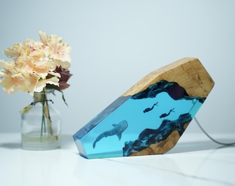 Whale Shark and Diver Resin Wood Night Light, Marine Animals, Home Decor, Perfect Gift for Dad, Father's Day Gift for Him