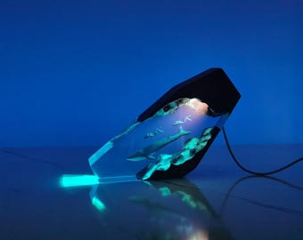 Imperfect-Blue whale and Diver Resin Wood Night Light, Resin Wood Art Lamp, Personalized Night Light.