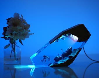Giant Octopus and Shipwreck Night Light, Christmas gifts,  Handmade Ocean Lamp, Nautical Decor, Unique Gift for Him or Sea Lovers