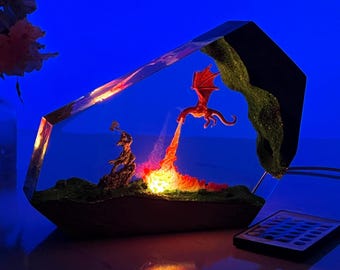 Fire Dragon vs Viking Resin Wood lamp, Resin Night Light, Christmas Gift for Game Fans