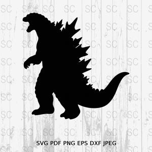 Può includere: Silhouette nera di un mostro simile a Godzilla con punte sulla schiena e una lunga coda.