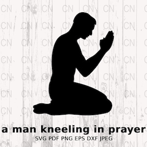 Knielende man in gebed SVG, religieus silhouet, geloof clipart, aanbidding vector, digitaal snijbestand