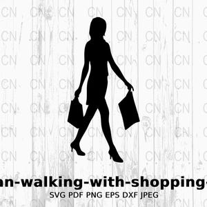 買い物袋を持って歩く女性のシルエット SVG、ショッピング クリップアート、女性買い物客ベクター、ファッション デジタル カット ファイル