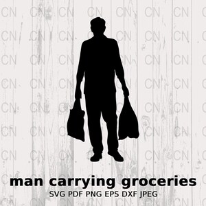 Silueta de hombre que lleva comestibles SVG, Clipart de compras, Vector de bolsa de comestibles, Archivo de corte digital