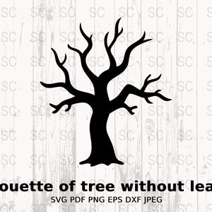 May include: Black silhouette of a bare tree with branches reaching up and out. The tree is isolated against a white background.