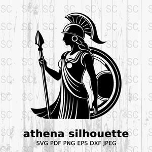 May include: Black and white silhouette of the Greek goddess Athena, wearing a helmet and holding a spear. She is standing with her shield behind her.