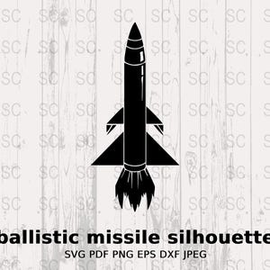 May include: Black silhouette of a ballistic missile with fins and a plume of smoke. The image is on a white woodgrain background. The text "ballistic missile silhouette" is below the image. The text "SVG PDF PNG EPS DXF JPEG" is below the text.