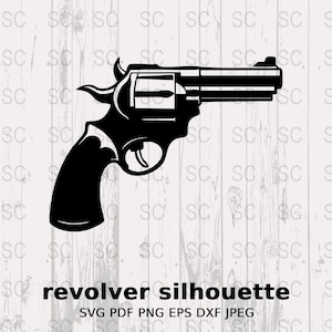 May include: Black silhouette of a revolver pistol. The image is on a white woodgrain background. The text "revolver silhouette" is below the image. The text "SVG PDF PNG EPS DXF JPEG" is below the text "revolver silhouette".