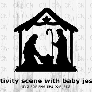 Nativity Scene with Baby Jesus Silhouette SVG, Christmas Clipart, Religious Vector, Digital Cut File