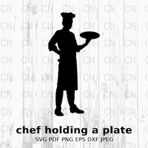 May include: Silhouette of a chef holding a plate in their right hand. The chef is wearing a hat and a uniform. The image is in black and white.