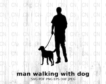 Man Walking with Dog Silhouette SVG, Pet Clipart, Dog Walker Vector, Digital Cut File