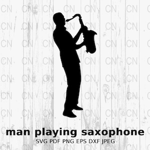 Man speelt saxofoon silhouet SVG, muzikant clipart, jazzinstrument vector, digitaal snijbestand