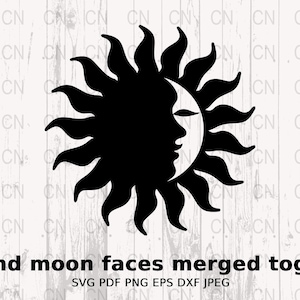 Sun and Moon Faces Merged Together Silhouette SVG, Celestial Faces Clipart, Lunar and Solar Vector, Digital Cut File