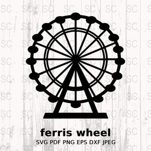 Riesenrad Silhouette SVG, Vergnügungspark Symbol Clipart, Riesenrad-Schnittdatei, Karnevalsfahrt PNG, Cricut Lasergravur