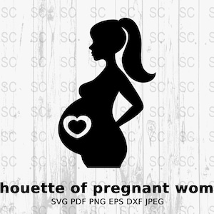 Sylwetka kobiety w ciąży SVG, Clipart ciążowy, Plik do cięcia matki oczekującej, Baby Shower PNG, Grawerowanie Cricut, Cyfrowe pobieranie wektorów DXF