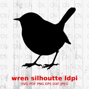 May include: Black silhouette of a wren bird with its wings folded. The bird is facing the left side of the image. The background is a white woodgrain pattern.