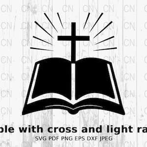 Bible with Cross and Light Rays Silhouette, Bible SVG, Religious Silhouette, Christian Book Clipart, Faith Vector, Digital Cut File