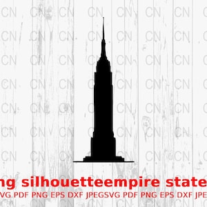 May include: Black silhouette of the Empire State Building, a famous skyscraper in New York City.