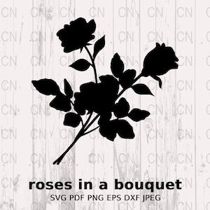 Roses in Bouquet Silhouette SVG, Floral Love Clipart, Romantic Flowers Vector, Wedding Digital Cut File