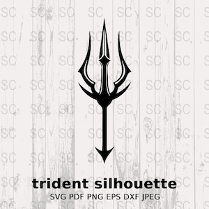 May include: A black silhouette of a trident, a three-pronged spear, with a sharp point at the top and a long handle. The trident is a symbol of power and strength.