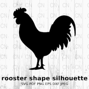 May include: Black silhouette of a rooster with a large comb and wattle. The rooster is facing left with its tail feathers spread out behind it.